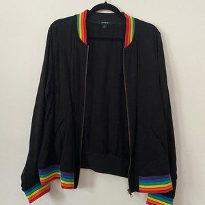 TORRID - NWOT Black Bomber Jacket with Rainbow Stripe Details